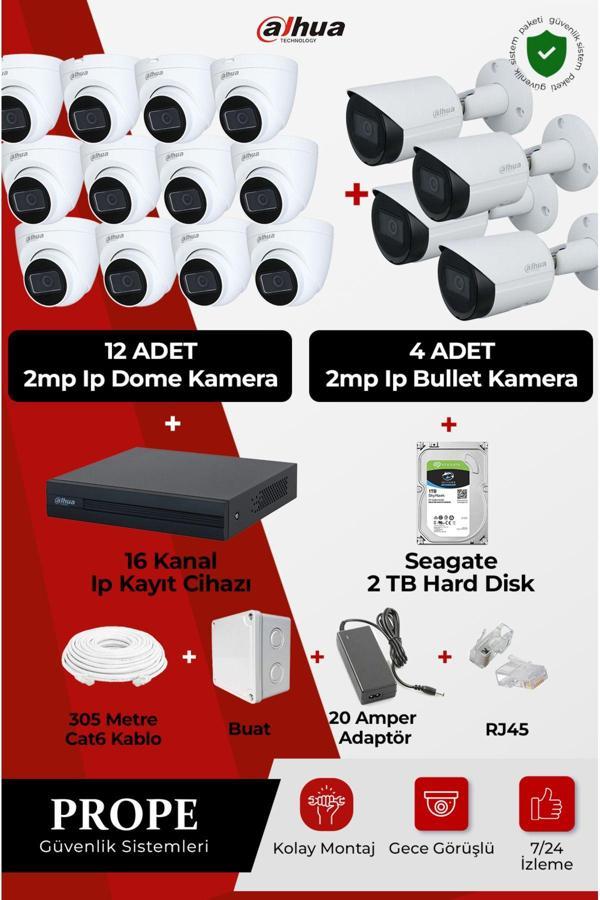 Dahua 4 Adet 2Mp Ip Kamera Bullet Gece Görüşlü+12 Adet 2Mp Ip Kamera Dome Gece Görüşlü 16 Kanal Ip Kayıt - Image 1