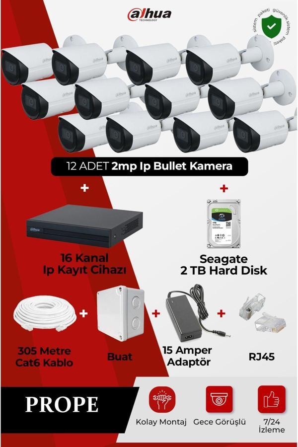 Dahua 12 Adet 2Mp Ip Kamera Bullet Gece Görüşlü+16 Kanal Ip Kayıt Cihazı+2Tb Hard Disk - Image 1