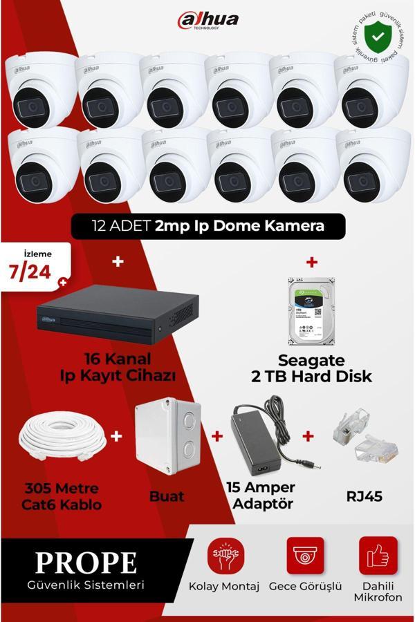 Dahua 12 Adet 2Mp Ip Kamera Dome Gece Görüşlü+16 Kanal Ip Kayıt Cihazı+2Tb Hard Disk - Image 1