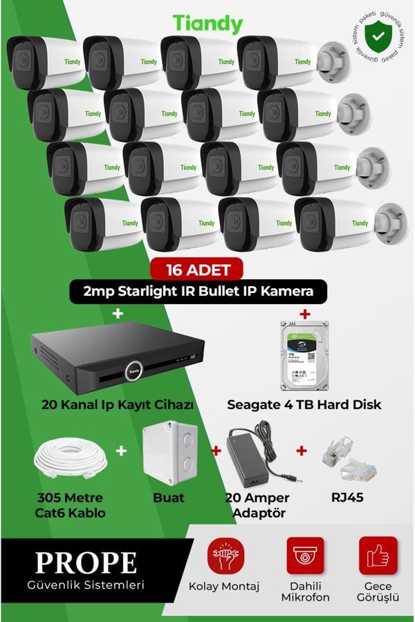 Tiandy 16 Adet 2Mp Starlıght Ir Bullet Kamera+20 Kanal Kayıt Cihazı+4Tb Harddısk+Cat6 Kablo+Buat+Rj45 - Image 1