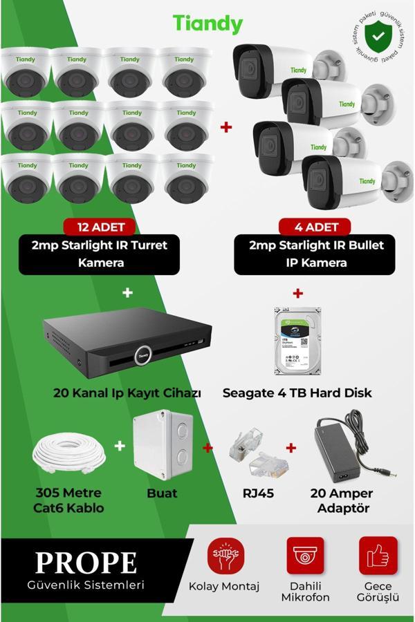 Tiandy 12 Adet 2Mp Starlıght Ir Turret Kamera+4 Adet 2Mp Starlıght Ir Bullet Kamera+20 Kanal Kayıt Cihazı - Image 1