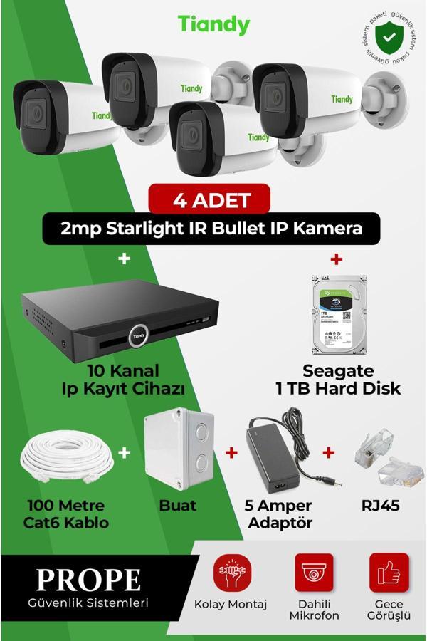 Tiandy 4 Adet 2Mp Starlıght Ir Bullet Kamera 10 Kanal Ip Kayıt Cihazı 1Tb Harddısk Cat6 Kablo Buat Rj45 - Image 1