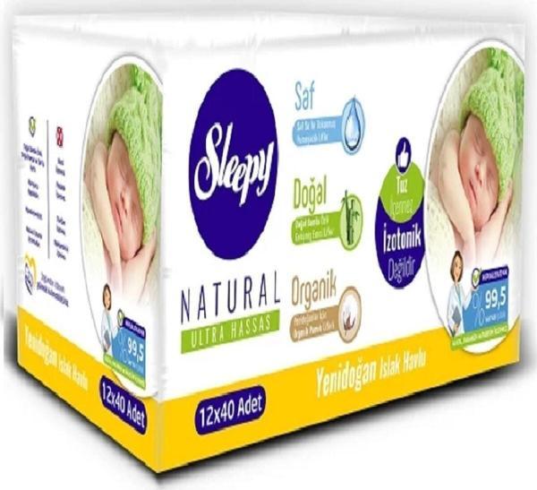 Sleepy Yenidoğan Natural Islak Havlu Pamuklu Mendil Kapaklı 40 Lı 12 Paket 480 Yaprak - Image 1