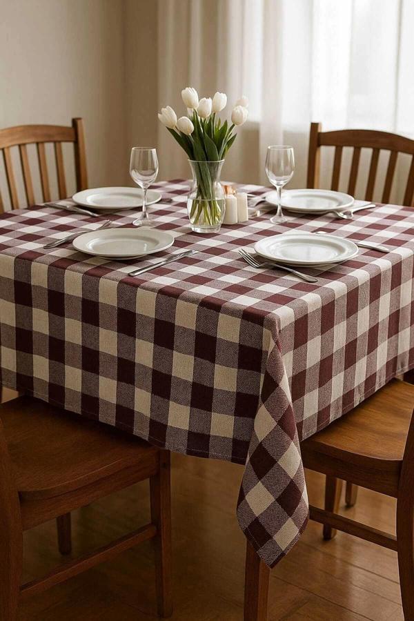 Fiber Kareli Masa Örtüsü Sofra Bezi Ekose Desen 160x160 Cm Bordo - Image 1