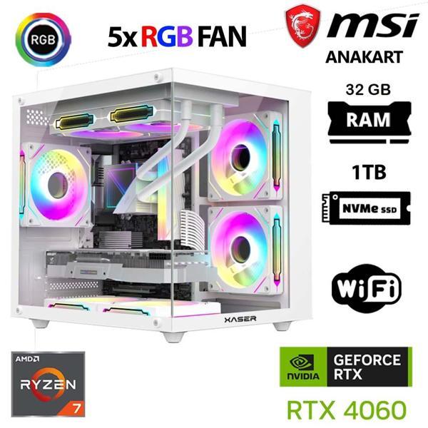 Xaser Cube X60 Ryzen 7 5700x 32GB Ram 1TB M.2 NVMe SSD 8GB RTX4060 Beyaz Masaüstü Oyuncu Bilgisayarı - Image 1