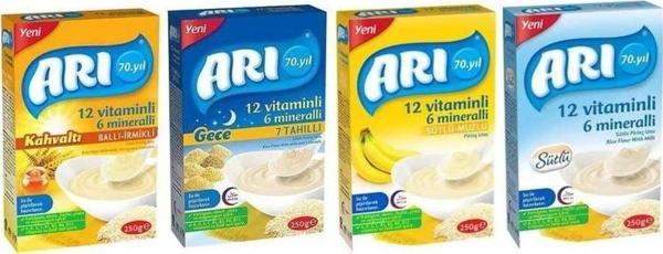 Arı Mama 4'lü Karma Paket 250 gr  - Ballı İrmikli + Sütlü + Muzlu + 7 Tahıllı Gece - Image 1