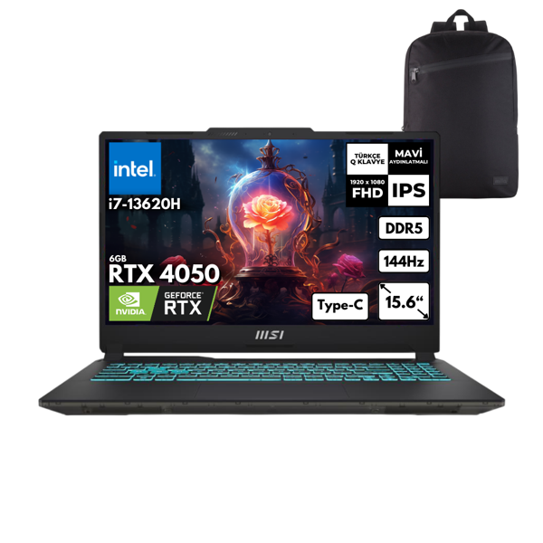 MSI Cyborg 15 i7-13620H 32-GBDDR5 4 TBSSD RTX4050 (6GB) 15.6" FHD 144Hz Windows 11 Pro + HMF Sırt Ç. A13VE-897XTRHMF32 - Image 1