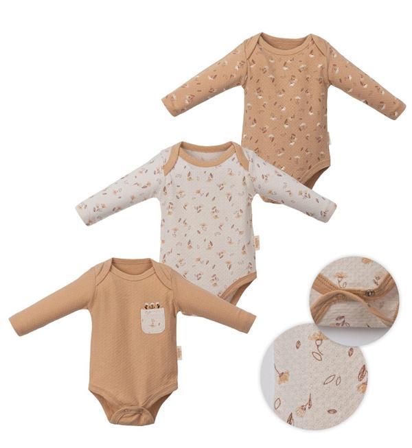 ÇİÇEKLİ UZUN KOL ÜÇLÜ BODY SET Bej - Image 1