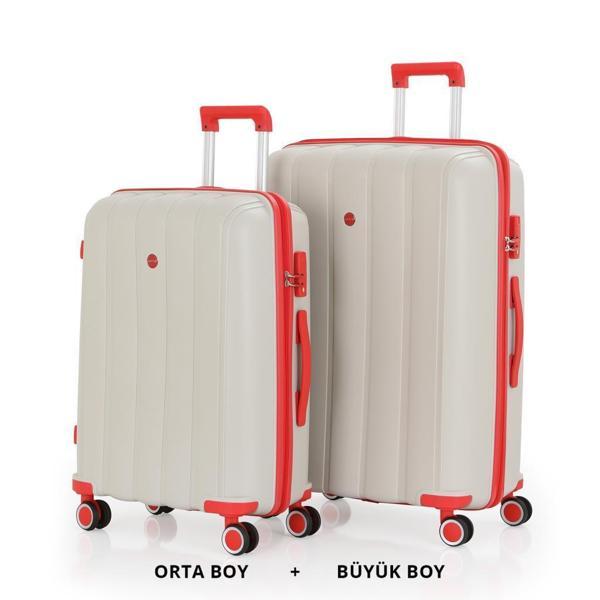 MÇS Bavul Büyük ve Orta 2li Set Kırılmaz Silikon Valiz V305 Kemik/Mercan - Image 1
