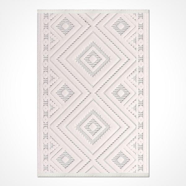 Kayla Beyaz Geometrik Etnik Modern Desenli Hav Vermeyen Leke Tutmayan Kolay Temizlenen Yumuşak Makine Salon Yolluk Mutfak Halı - Image 1