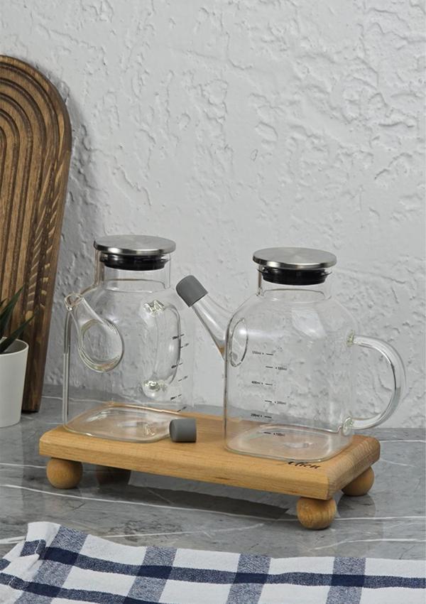 Cam Yağdanlık Seti - Ahşap Stant - 2x550 ML - Image 1