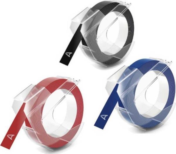 DYMO 3D Kabartma Şerit 9mm x 3mt (Siyah/Mavi/Kırmızı 3 lü Paket) - Image 1