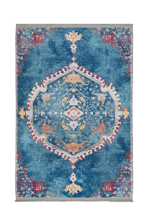 Leiden Göbekli Mavi Polyester Dikdörtgen Modern Desenli Pamuk Makinada Yıkanabilir Hav Toz Vermez Leke Tutmayan Kaymaz Taban Dijital Makine Baskı Salon Yolluk Mutfak Halı - Image 1