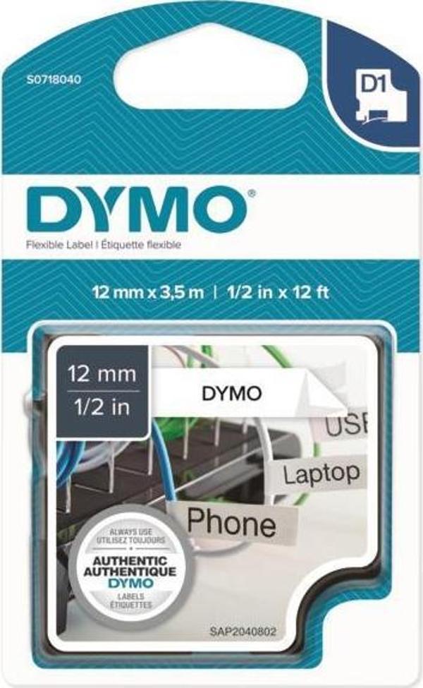 DYMO D1 Siyah/Beyaz Çok Kuvvetli Esnek Naylon Şerit Etiket 12mmx3,5 (16957) - Image 1