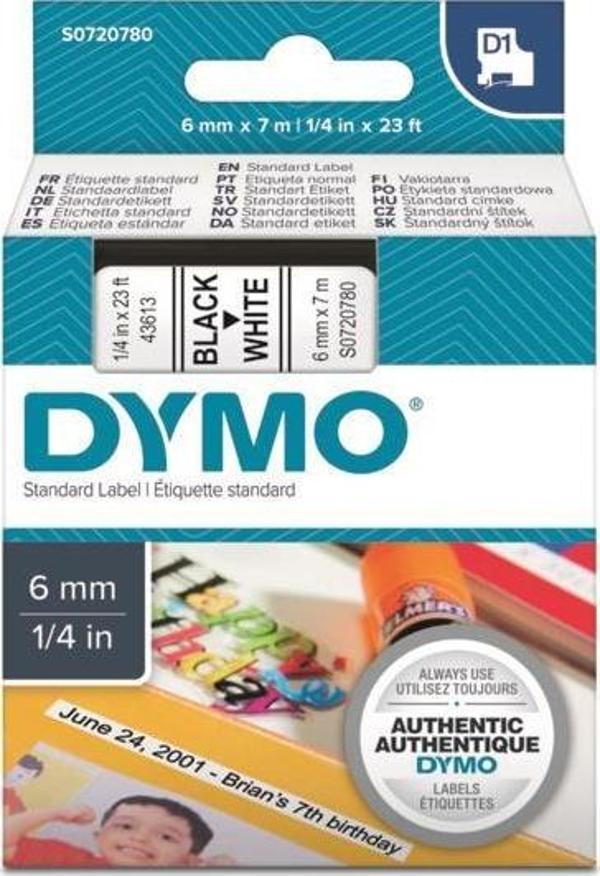 DYMO D1 Yedek Şerit Beyaz/Siyah 6mm x 7mt (43613) - Image 1