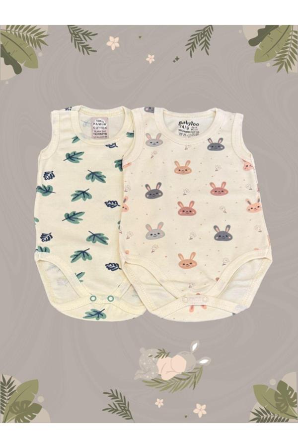 Boutich 2'Li %100 Pamuk Desenli Çıt Çıtlı Erkek Kız Bebek Baby Kısa Kollu Body Zıbın - Image 1