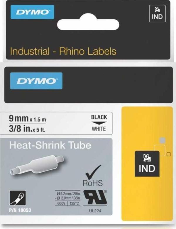 DYMO Rhino Pro Isıyla Küçülen Şerit 9mm x 1,5m Beyaz/Siyah (18053) - Image 1