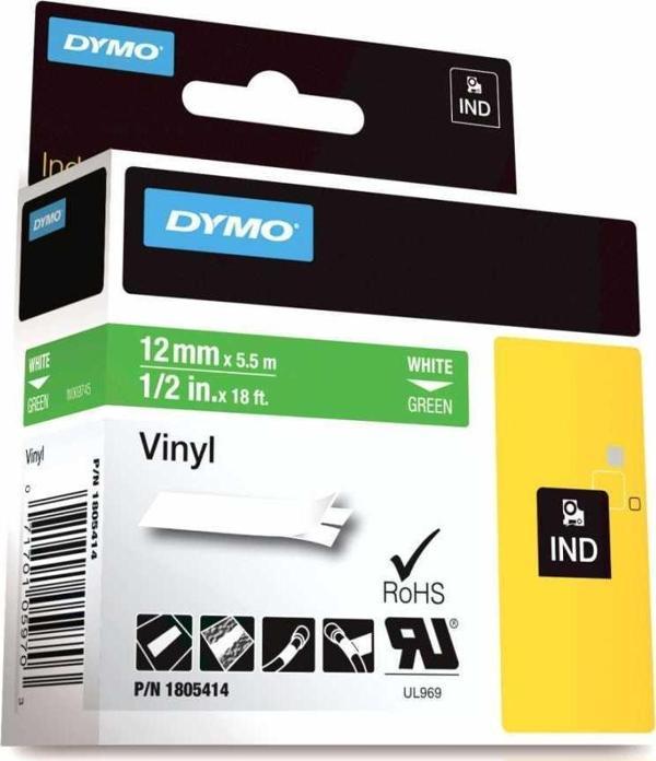 DYMO RhinoPRO 1805414 Yeşil/Beyaz Renkli Vinil Şerit 12 mm x 5,5 mt - Image 1