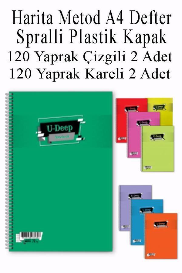 A4 Okul Defteri Spiralli Plastik Kapak 120 Yaprak Çizgili 2 Adet ve 120 Yaprak Kareli 2 Adet Spralli Harita Metod - Image 1