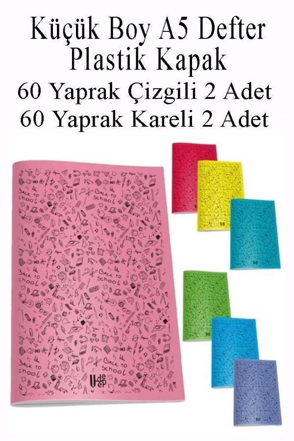 Defter Plastik Kapak A5 60 Yaprak Çizgili 2 Adet ve 60 Yaprak Kareli 2 Adet Küçük Boy Defter - Image 1