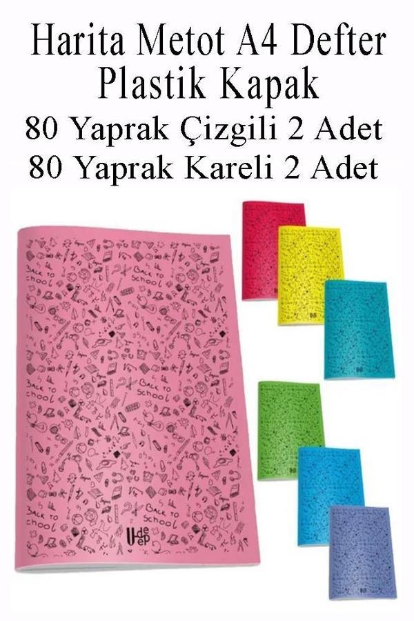Defter Plastik Kapak A4 80 Yaprak Çizgili 2 Adet ve 80 Yaprak Kareli 2 Adet Harita Metod Defter - Image 1