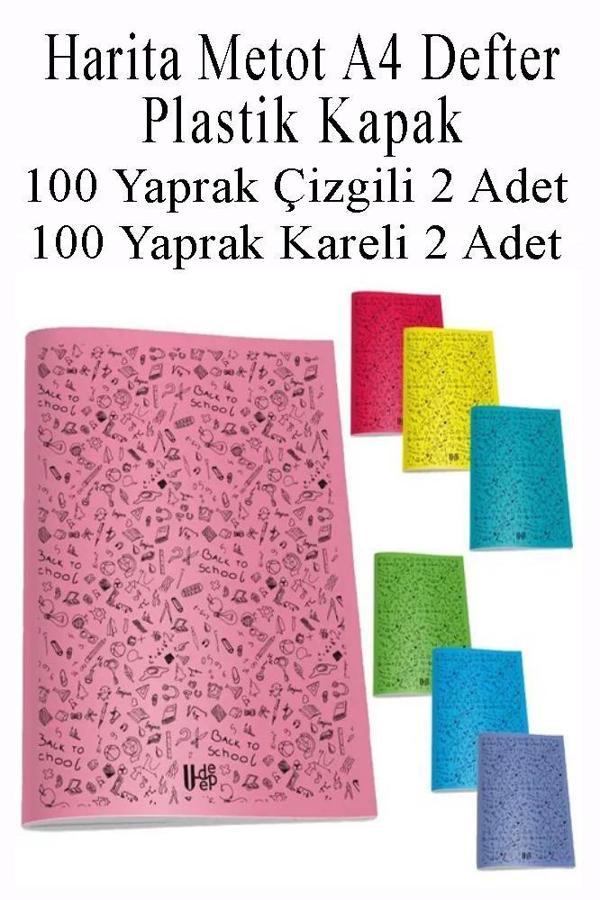 Defter Plastik Kapak A4 100 Yaprak Çizgili 2 Adet ve 100 Yaprak Kareli 2 Adet Harita Metod Defter - Image 1