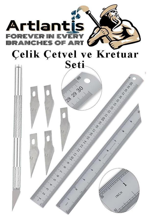 Çelik Cetvel 30 cm ve Kretuar Bıçağı 5 Yedek Bıcaklı 1 Adet Paslanmaz Çelik Metal Çetvel 30 Santimetre - Image 1