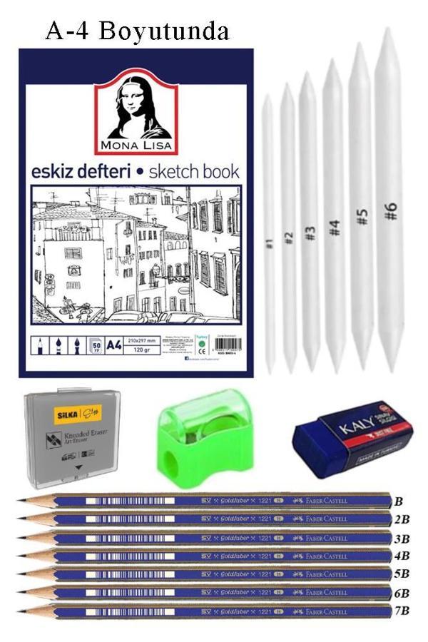 Eskiz Defteri A4 50 Yaprak Karakalem Çizim Seti Gölgelendirme Kalemi Hamur Silgi Faber Castell Dereceli Kalem Hobi Tasar - Image 1