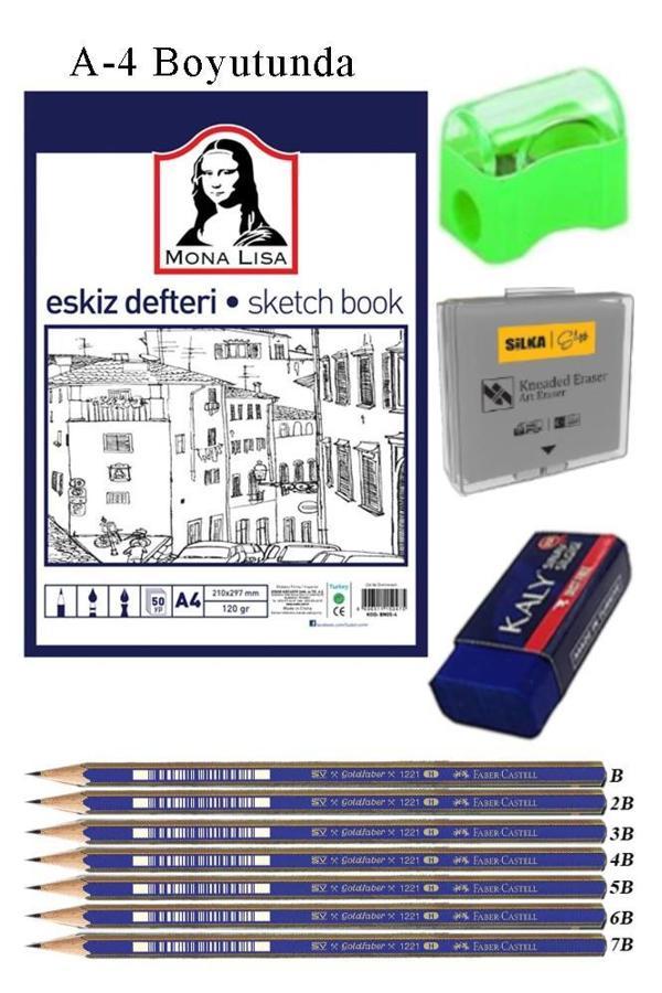Eskiz Defteri A4 50 Yaprak Karakalem Çizim Seti Hamur Silgi Faber Castell Dereceli Kalem Hobi Tasarım Seti - Image 1