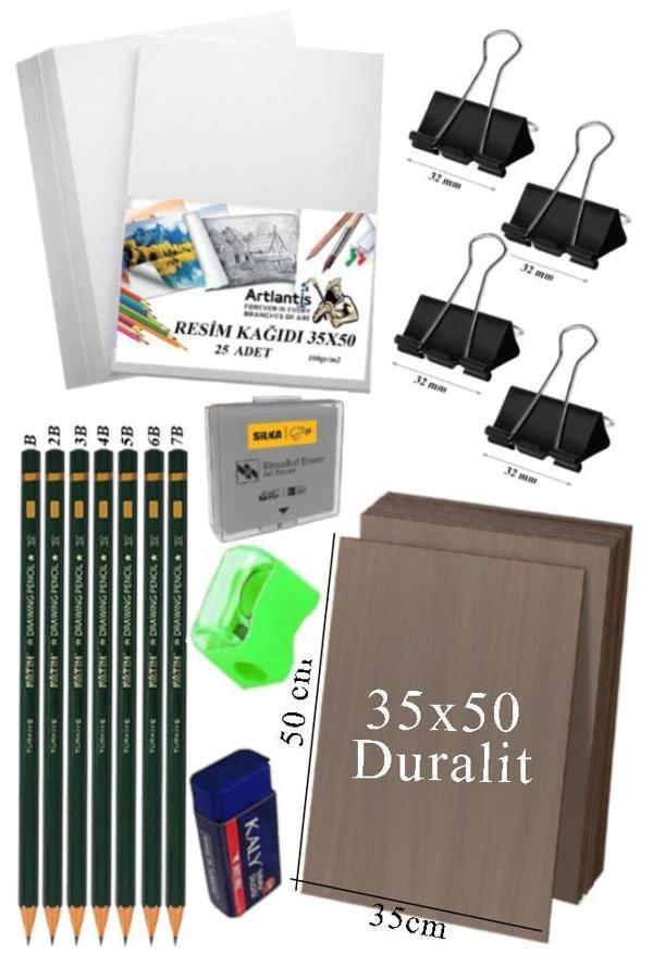 Karakalem Eskiz Çizim Seti Durolit Seti 35x50 cm 1 Paket Resim Kağıdı Dereceli Kalem Seti Hamur Silgi Sınav Silgisi - Image 1