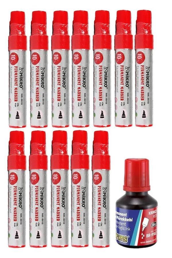 Kırmızı 10 mm Kesik Uçlu Markör Permanent Kalem 12 Adet ve Kırmızı Mürekkep 1 Adet Çuval Koli Kalemi - Image 1