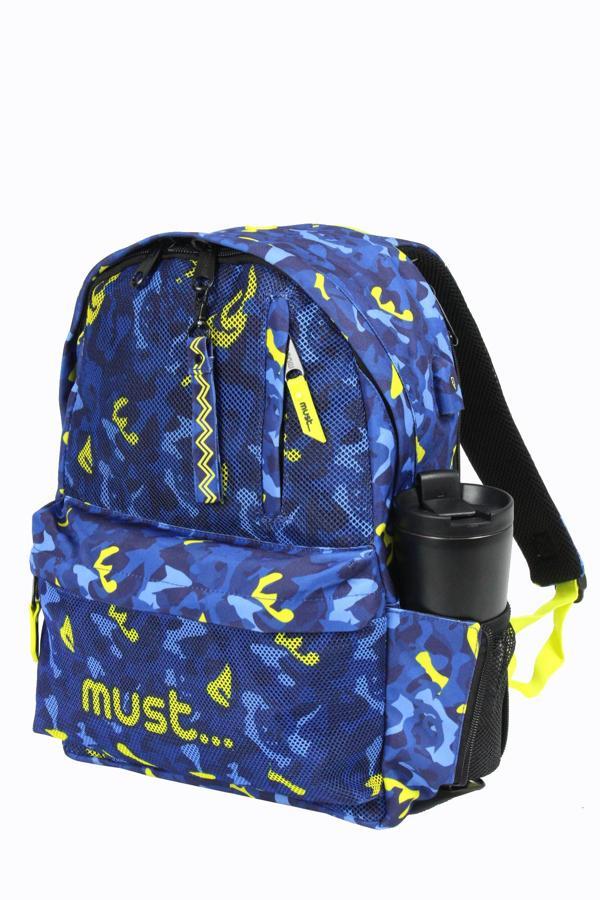 MUST 584613 Kamuflaj Çift Cepli İlkokul Sırt Çantası-Mavi / Neon Yeşil - Image 1