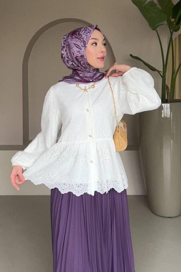 Denivy Dantel İşlemeli Pamuk Bluz - Volanlı Ve Düğmeli Tesettür Üst Dnv-000044 - Image 1
