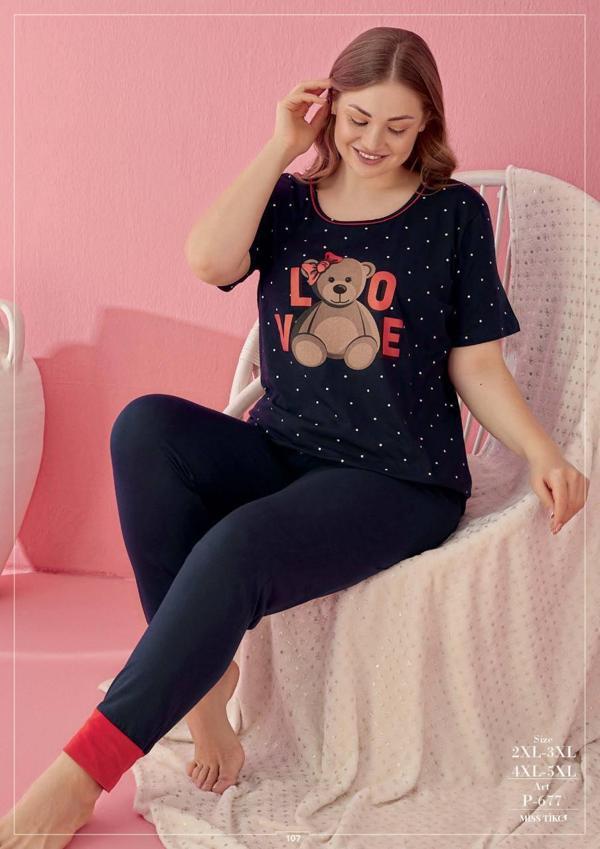 Aria's Closet Büyük Beden Pamuklu Love Bear Ayıcık Desenli Lacivert Kısa Kol Pijama Takımı - Image 1