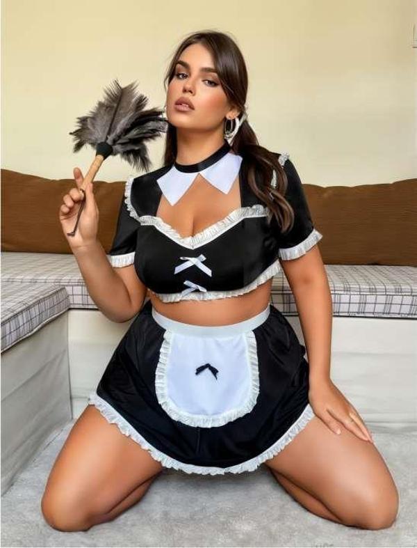Aria's Closet Büyük Beden Mini Etekli Büstiyerli Fantezi Hizmetçi Kostümü - Image 1