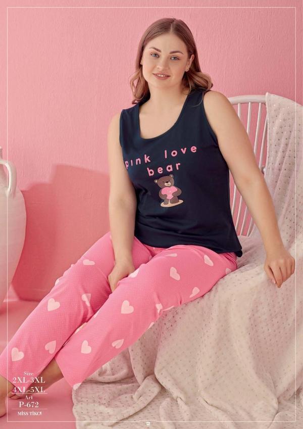 Aria's Closet Büyük Beden Pink Love Bear Kalp ve Ayıcık Desenli Pembe Kısa Kol Pijama Takımı - Image 1