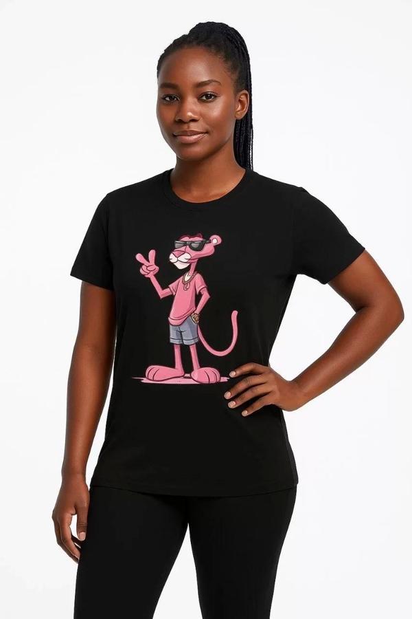 Kadın Bisiklet Yaka Kısa Kollu Baskılı T-shirt - Siyah - Image 1