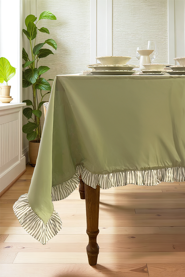 Bohemian %100 Pamuk Fırfırlı Masa Örtüsü 150x220cm Su Yeşili - Image 1