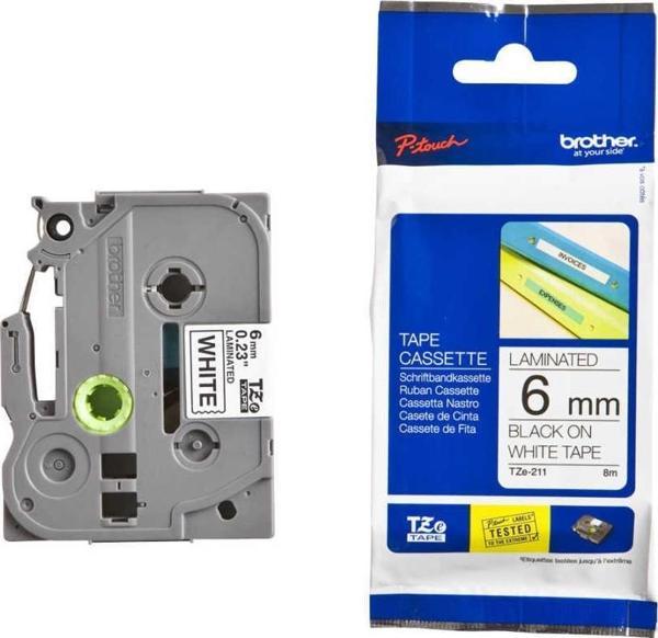 Brother TZE-211 6 mm Beyaz Üzeri Siyah Laminasyonlu Etiket - Image 1