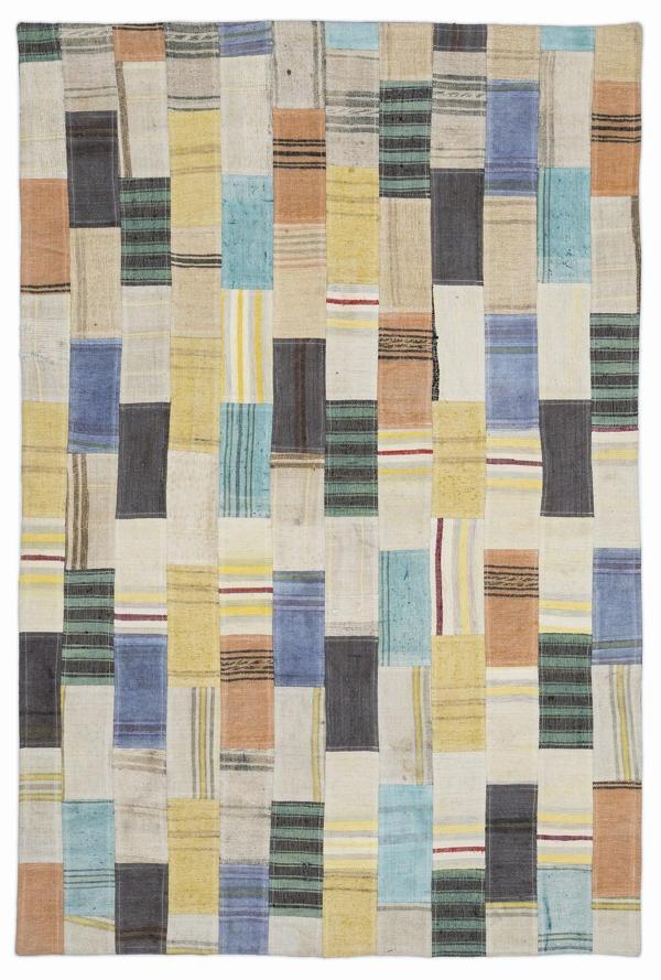 Teselya Bej Patchwork Etnik Modern Desenli Yün Hav Toz Vermez Leke Tutmayan Salon Yolluk Mutfak El Dokuma Halı - Image 1