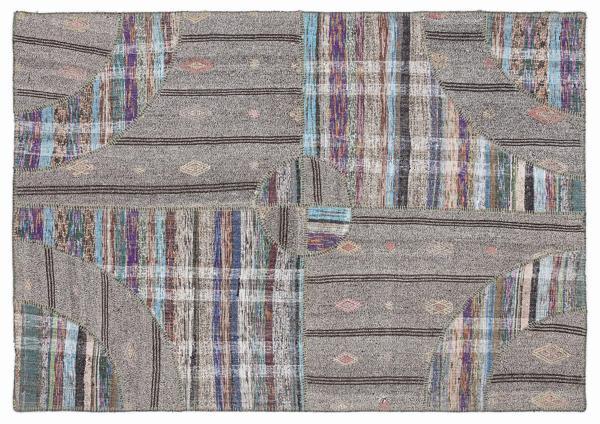 Gri Patchwork Etnik Modern Desenli Yün Hav Toz Vermez Leke Tutmayan Salon Yolluk Mutfak El Dokuma Halı - Image 1