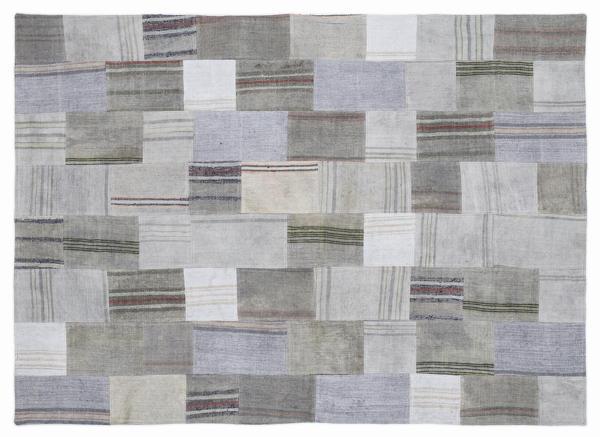 Gri Patchwork Etnik Modern Desenli Yün Hav Toz Vermez Leke Tutmayan Salon Yolluk Mutfak El Dokuma Halı - Image 1