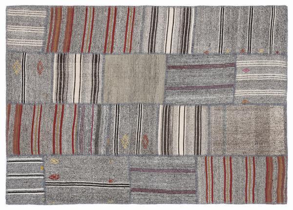 Gri Patchwork Etnik Modern Desenli Yün Hav Toz Vermez Leke Tutmayan Salon Yolluk Mutfak El Dokuma Halı - Image 1