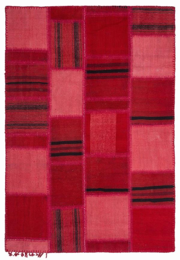 Teselya Kırmızı Patchwork Etnik Modern Desenli Yün Hav Toz Vermez Leke Tutmayan Salon Yolluk Mutfak El Dokuma Halı - Image 1