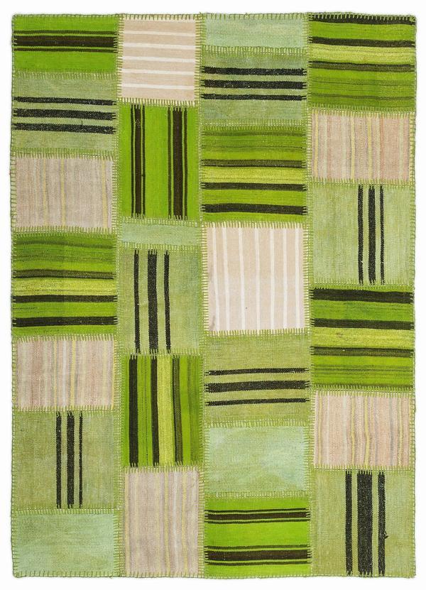 Teselya Yeşil Patchwork Etnik Modern Desenli Yün Hav Toz Vermez Leke Tutmayan Salon Yolluk Mutfak El Dokuma Halı - Image 1