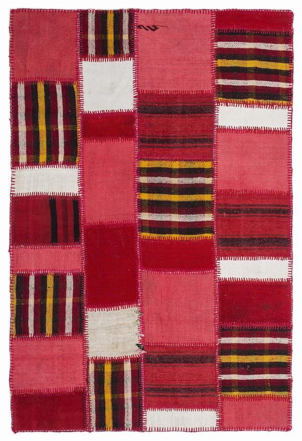 Teselya Pembe Patchwork Etnik Modern Desenli Yün Hav Toz Vermez Leke Tutmayan Salon Yolluk Mutfak El Dokuma Halı - Image 1