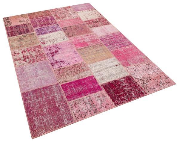 Pembe Patchwork Etnik Modern Desenli Yün Hav Toz Vermez Leke Tutmayan Salon Yolluk Mutfak El Dokuma Halı - Image 1