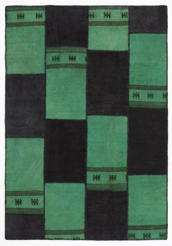 Teselya Yeşil Patchwork Etnik Modern Desenli Yün Hav Toz Vermez Leke Tutmayan Salon Yolluk Mutfak El Dokuma Halı - Image 1