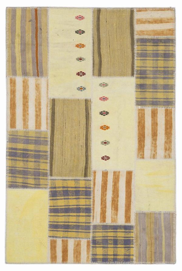 Teselya Sarı Patchwork Etnik Modern Desenli Yün Hav Toz Vermez Leke Tutmayan Salon Yolluk Mutfak El Dokuma Halı - Image 1