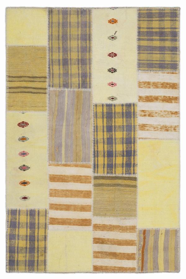 Teselya Sarı Patchwork Etnik Modern Desenli Yün Hav Toz Vermez Leke Tutmayan Salon Yolluk Mutfak El Dokuma Halı - Image 1